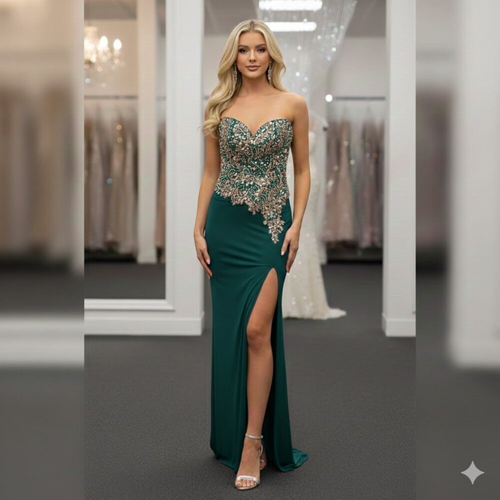 Romance Couture Strapless Rhinestone Grad Prom Dress RM186 Green